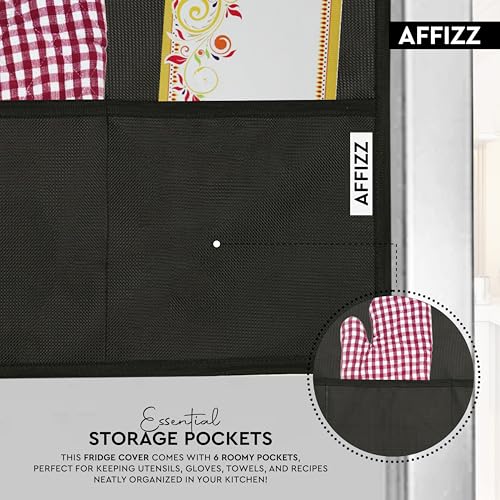 Image of Fridge Cover Top for Double Door Refrigerator - Washable, Water-Resistant Polyester Refrigerator Cover Top with 6 Side Pockets for Kitchen Accessories, Dustproof (Black)