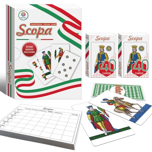 EDUMAETRIX Scopa Classic Italian Card Game with 2 Playing Decks 100 Double-Sided Score Sheets 2-6 Players Family Strategy Game