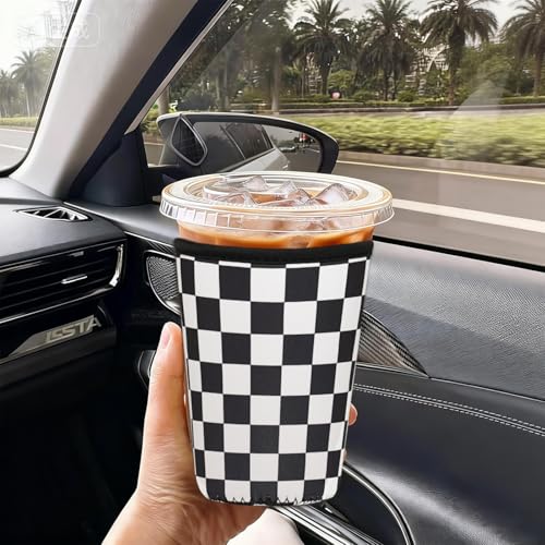 Image of Reusable Insulated Neoprene Iced Coffee Cup Sleeve, Durable Drink Sleeve for Cold Beverages, Beverage Holder for Iced Coffee, Multi-Tone Checkers