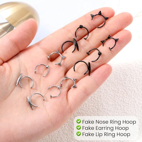 12 Pcs Fake Lip Ring Fake Snake Bite Non-Piercing Lip Cuff Ear Cuff Stainless Steel Vampire Teeth Ring Septum Nose Piercing Set for Women Men (Black Silver)3