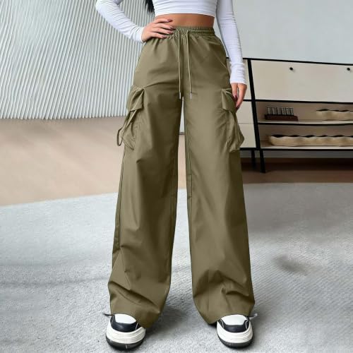 Women Y2K Cargo Pants Baggy Elastic High Waist Parachute Pants Plus Size Casual Going Out Hiking Straight Trousers Army Green - image 3