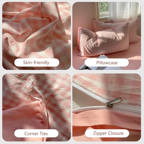 Image of Nayoroom Gingham Duvet Cover Queen Size Reversible Pink Plaid Checkered Duvet Cover 3 Pieces Soft Breathable Washed Microfiber Girls Dorm Bedding Set for All Seasons