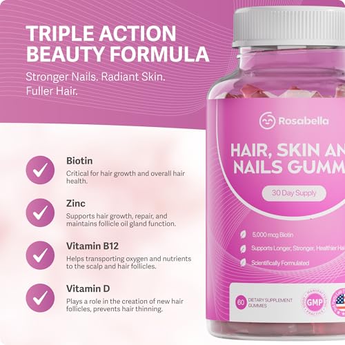 Image of Rosabella Hair Growth Gummies for Women & Men - Vegan Hair Gummies with 5000mcg Biotin - Hair Vitamins for Strong, Healthy-Looking Hair - Gummy Biotin Supplement (60 Count (Pack of 3))