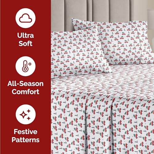 King Christmas Christmas Cars Sheet Set - Holiday Xmas Pattern Bedding Set - Deep Pockets - Snug Fit - 4 Piece - Wrinkle Free - Cooling Comfy Festive Winter Holiday Sheets for Women, Men, Kids & Teens