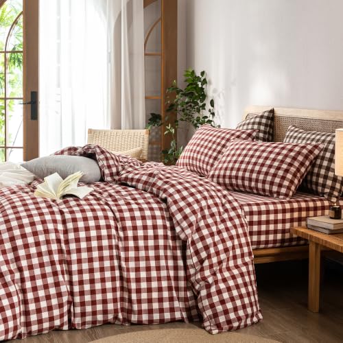 Image of BESTOUCH Gingham Cotton Duvet Cover Set Fired Brick Red Full | Washed Cotton, Linen Feel, Soft Wrinkle Texture, Hidden Zipper, 8 Ties, Breathable Lightweight Durable Comfy, 3 Pcs No Insert