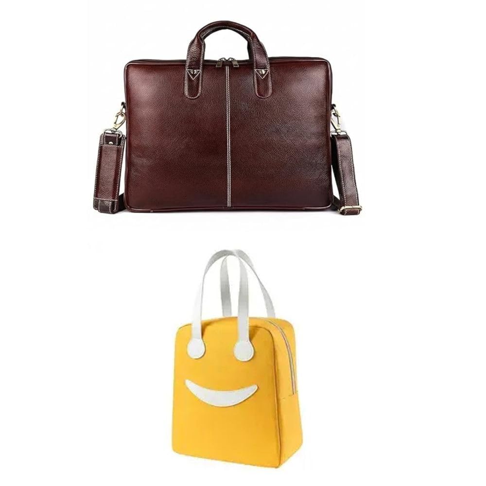 Yellow Smiley Face Tote Bag & Genuine Leather Laptop Briefcase Combo for Men & Women, Stylish Casual Handbag with Premium Brown Office Messenger Bag, Shoulder Strap, Work Travel Laptop Bag Set