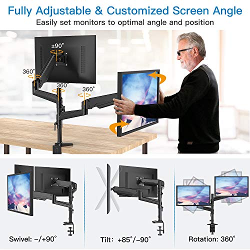 Image of HUANUO Dual Monitor Mount Stand - Aluminum Gas Spring Arm Height Adjustable Monitor Desk Mount VESA Bracket for Two 17 to 32 Inch Flat / Curved LCD Computer Screens with C Clamp, Grommet Base, Black