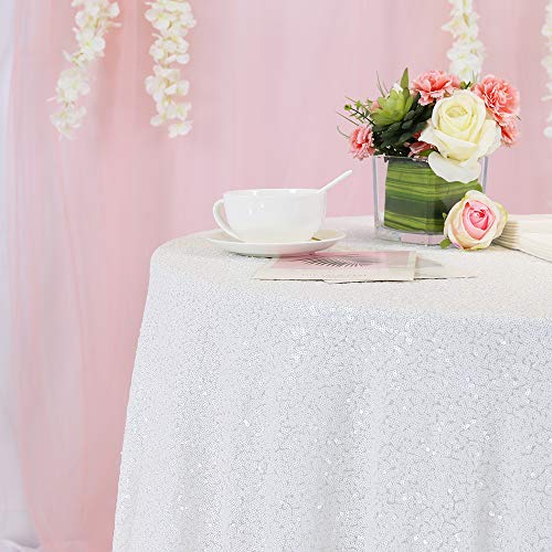 Trlyc White 72 Inch Round Sequin Tablecloth Sequin Fabric For Wedding Party #TOP2