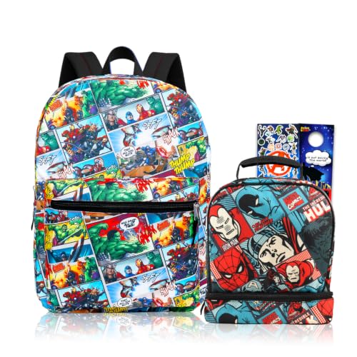 Marvel Mochila Vingadores com conjunto de lancheira – Pacote com mochila de 41 cm, lancheira isolada, adesivos, mais | Bolsa escolar dos Vingadores para meninos, crianças