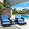 Pamapic 5 Pieces Outdoor Patio Chairs with Ottomans, Wicker Patio Furniture Set Outdoor, Patio Chairs Conversation Furniture with Coffee Table for Poorside Garden Balcony (Blue)