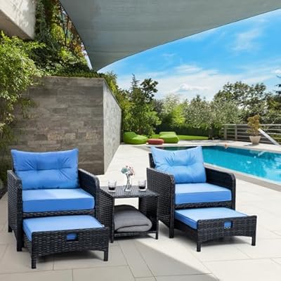Pamapic 5 Pieces Outdoor Patio Chairs with Ottomans, Wicker Patio Furniture Set Outdoor, Patio Chairs Conversation Furniture with Coffee Table for Poorside Garden Balcony (Blue)