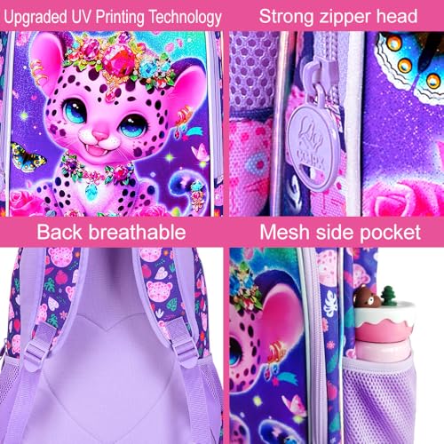 Image of 3Pcs Girls Backpack, 16 inch Kids Bookbag with Lunch Box，Leopard School Backpacks for Elementary Preschool Kindergarten (Purple)