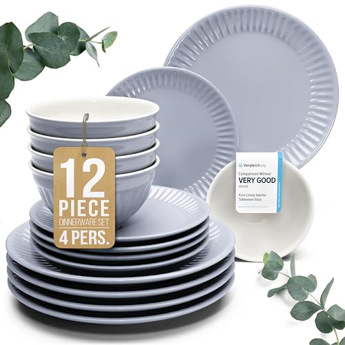 Image of Stoneware Dinnerware Set for 4 People HYGGE 12-Piece - Elegant Scandi Design - Premium Dish Set - Bowl and Plate Set - Tableware for 4 People in a Ribbed Design - Pure Living in Gray-Blue