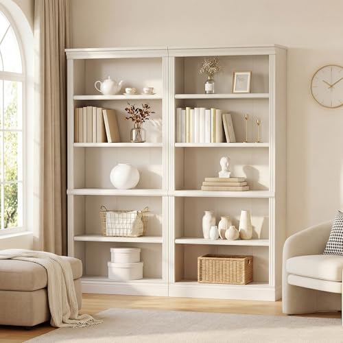 Image of Furniwell Bookcase Bookshelves, 5-Shelf Tall Bookcase 71 inch Wood Open Display Floor Bookshelf, Large Storage Organizer for Library, Bedroom, Living Room, Set of 2 (White)