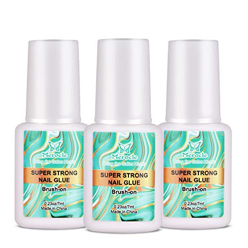 Merocle Brush on Nail Glue 3PCAK Nail Tip Glue for Acrylic Nails Nail Art and Press on Nails Adhesive Super Nail Bond for Fake Nails,Broken Nails,Long Lasting 7ML/0.23OZ 
