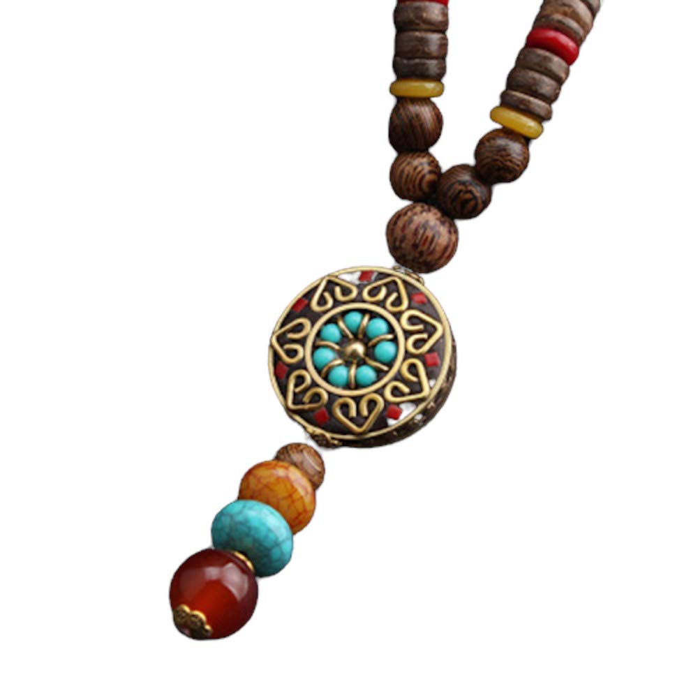 EXINOX Collar Budista Largo con Cuentas de Madera | Etnico Buda | Mujer |