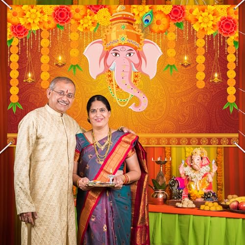 Image of Avezano Indian Pooja Traditional Backdrop Indian Religious Festival Marigold Banner Orange Flower Marriage Hindu Curtain Bridal Shower Wedding Party Decorations Banner (6x3.6ft)