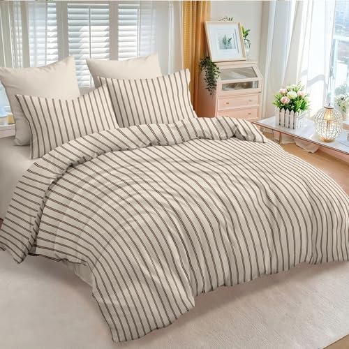 Image of Nayoroom Striped Duvet Cover Queen Size Brown Stripe Duvet Cover Dorm Bedding Set 3 Pieces Soft Lightweight Microfiber Farmhouse Bedding Set Gifts for Women Men (Tannish Linen Grey, Brown Stripes)