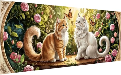 LOMSIOY DIY Diamond Art Kits for Adults, Two Cats in Rose Garden Diamond Painting, Orange and White Cats Among Pink Roses Full Drill Rhinestone Diamond Art for Wall Home Decor 31.5 x 11.81 Inch