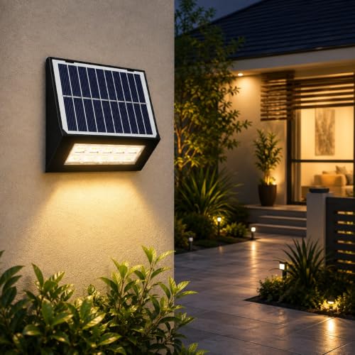 Image of XERGY Solar Powered Modern Slim Outdoor Wall Light | 2 Light Mode | 20 LED | 1200mAh Battery | Auto ON /Off Dusk to Dawn | Waterproof-Warm White Plant Focus Lighting for Garden, Fence & Exterior Decor