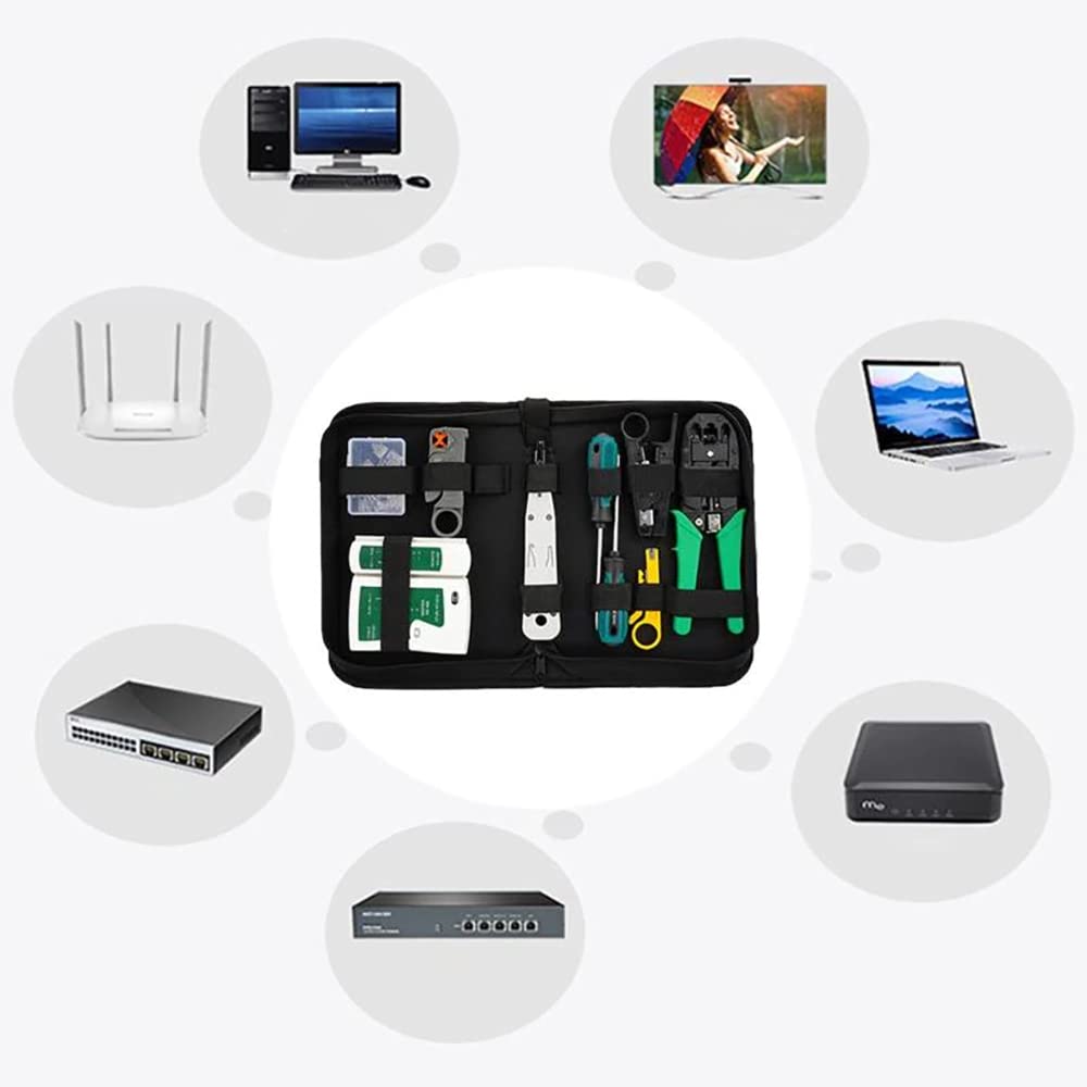 Retoo Juego de herramientas de red profesional 9 en 1, en estuche, comprobador de cables LAN para RJ45, RJ1, kit de comprobación de cables, herramientas de reparación para instalaciones de cables