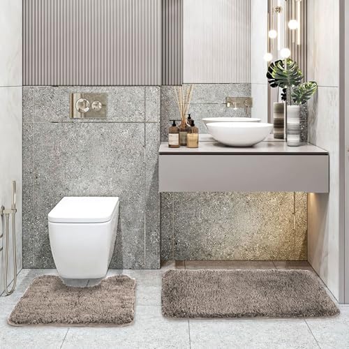 Image of LUXE HOME INTERNATIONAL Polyester Contour Bath Mat - Washable, Anti Skid, Water Absorbent Contour Mats for Bathroom, Toilet, Wash Basin & Bathroom Contour Mat Set (Taupe, 45x 75 cm & 40x45)