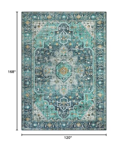 Moynesa Ultra-Thin Washable 10x14 Area Rugs for Living Room, Teal Large Living Room Rug Non Slip, Vintage Oriental Indoor Floor Carpet for Dining Room Table Dorm Home Office Decor