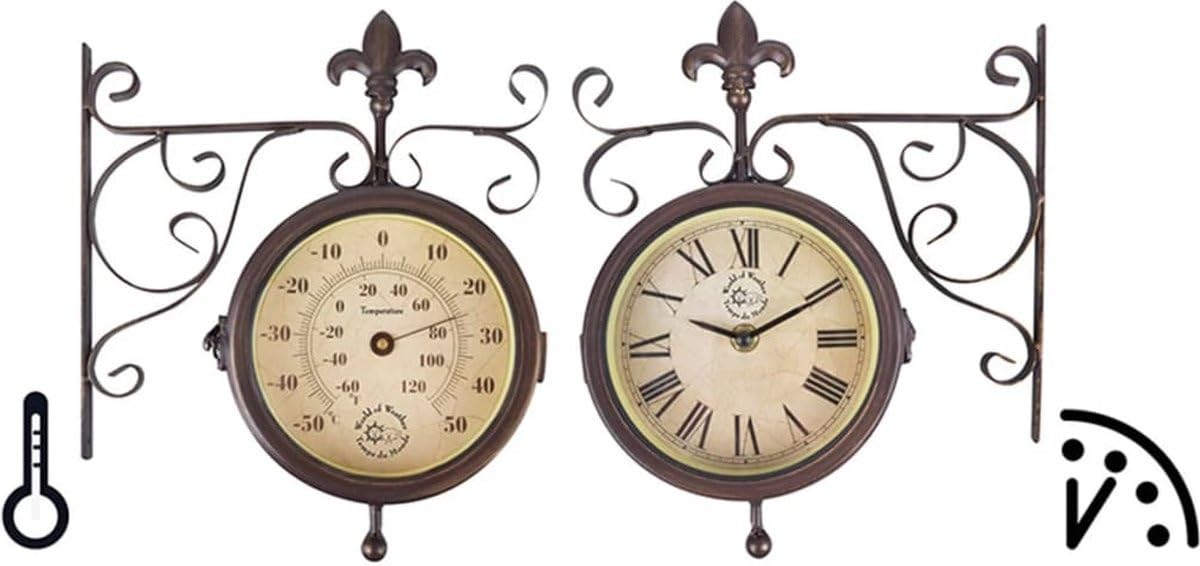Esschert Design Orologio da Parete, Bahnhofsuhr con termometro, misuratore di Temperatura, 25 cm x 10 cm x 30 cm