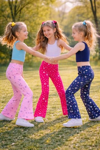 Image of T2F Girls Cotton Flared Leggings Pack of 3 | Soft Stretch Bootcut Pants for Kids | Printed Floral & Heart Designs | Multicolor Combo (2-14 Years