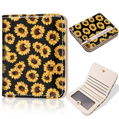 Image of Toughergun Sunflower Floral RFID Small Wallet Women, Slim Thin Vegan Leather Bifold Wallet with Zipper Coin Pocket & ID Window, Cute Mini Credit Card Holder Gift for Women Ladies Teen Girls