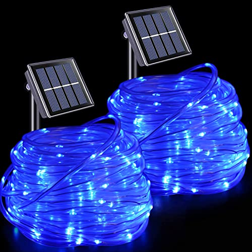 YEGUO Solar Rope Lights Outdoor Waterproof, 2 Packs Each 33ft 100 LED String Lights, 8 Modes Fairy Lights in Clear Thin Tube for Camping Fence Patio Garden Trampoline Deck(Blue) by YEGUO - Used condition - US$18.72