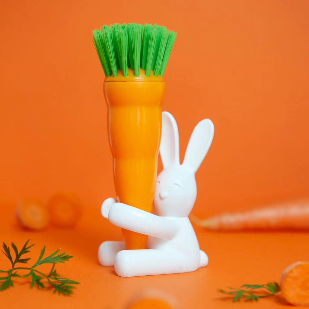 Balvi Cepillo lavaplatos Bunny Cepillo en Forma de Zanahoria y Soporte en Forma de Conejo para Platos