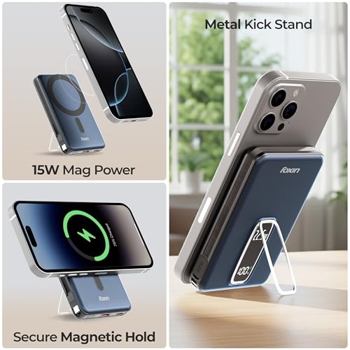 Image of Foxin Mag One Wireless 10000mAh Fast Charging Power Bank with Metal Stand | USB Type C Input & Output, 22.5W Portable Charger for iPhone 12 & Above, Android & Qi Enabled Devices | Stellar Blue