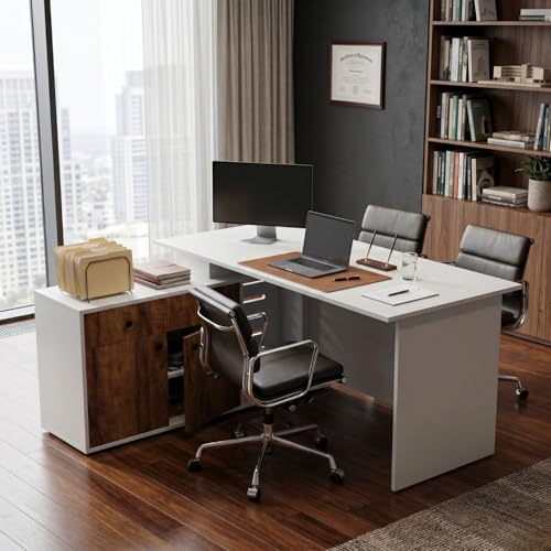 Image of FFO Executive Office Desk with Side Storage Cabinet, Modern Computer Table for Office & Home, Spacious Workstation with Cable Management Hole, White & Walnut Finish Study Table for Laptop, PC & Work