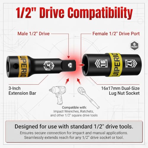 Image of 1 /2 inch Drive Lug Nut Socket Set, 16-24 mm Flip Socket Set, 5 Pcs Thin Wall Nut Sockets with 3 inch Extension Bar, Remove Bloated Warped, Damaged Lug Nuts