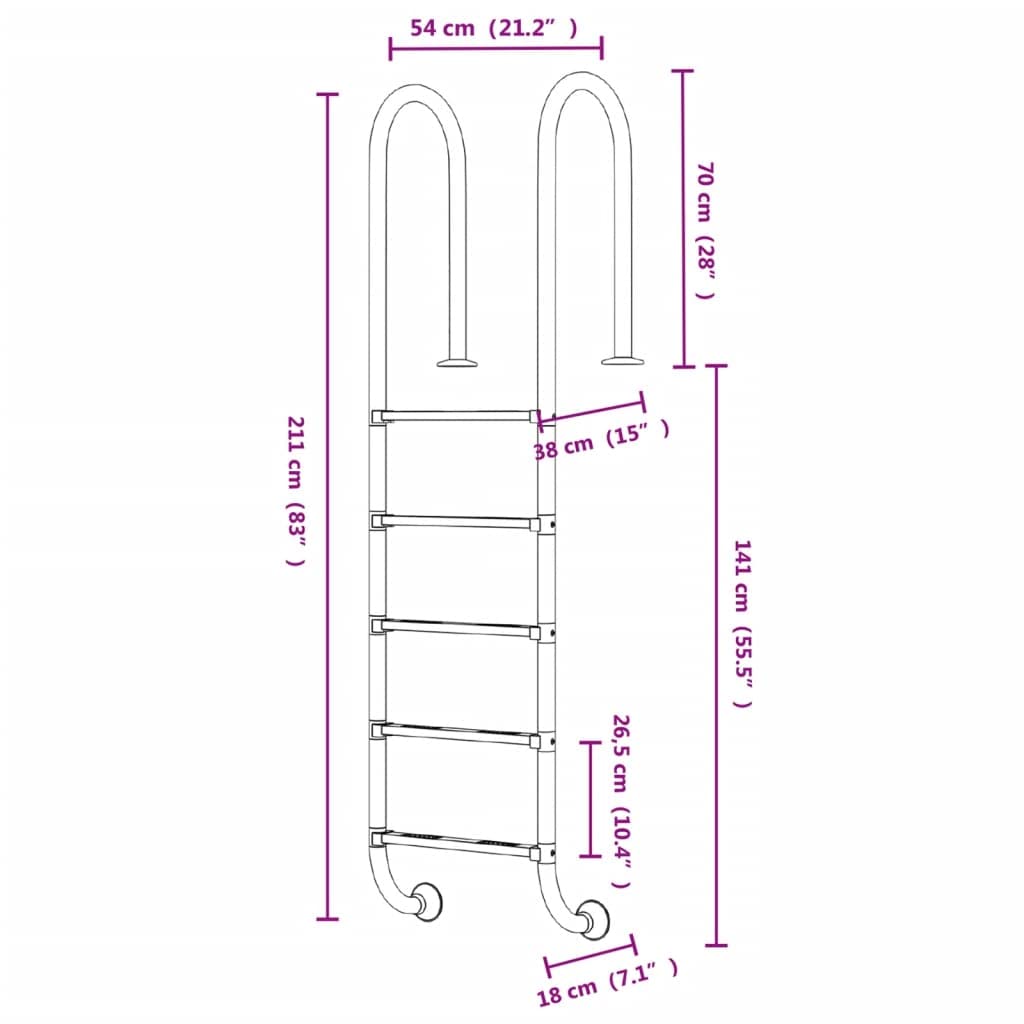 vidaXL Escalera de piscina con 5 peldaños antideslizantes para interiores y exteriores, fácil montaje, 54 x 38 x 211 cm, acero inoxidable 304