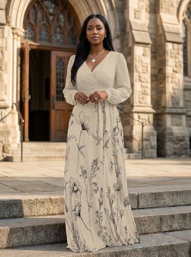 Image of PinkPatty Women's Long Sleeve Maxi Dress Plus Size Trendy Wedding Guest Wrap Dress with Pockets&Belt