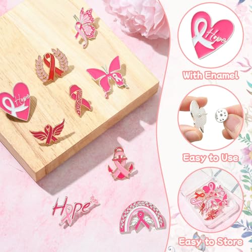 Image of Airssory 12 pcs 12 Styles Pink Awareness Ribbon Theme Alloy Enamel Brooches Breast Cancer Heart Hope Butterfly Lapel Pins for DIY Clothes Backpack Badge Jackets Craft Embellishment
