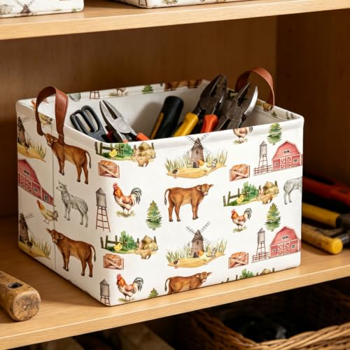 Image of Rectangle Storage Basket with Handles,Collapsible Storage Bin,Books Box,Gift Basket(Farm)