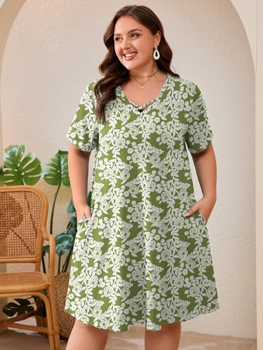 Image of AusLook Plus Size Midi Dress for Women Short Sleeve V Neck Criss Cross A Line Summer Casual Vacation Sundresses with Pockets