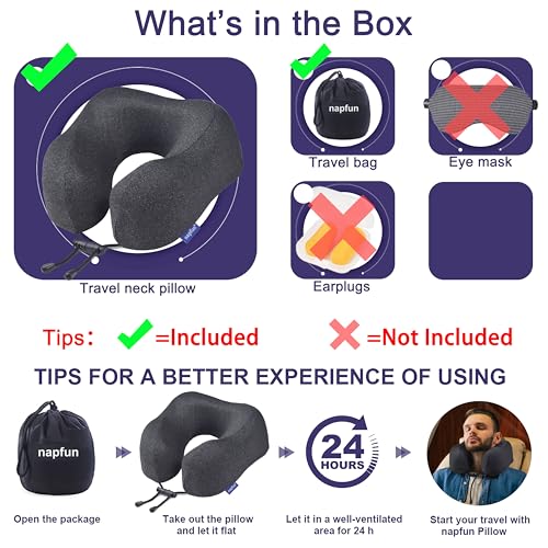 napfun Travel Pillow, Travel Accessories & Travel Essentials for Airplane Upgraded 100% Pure Memory Foam Travel Neck Pillow for Flight Headrest Sleep, Portable Plane Necessities, Full Black