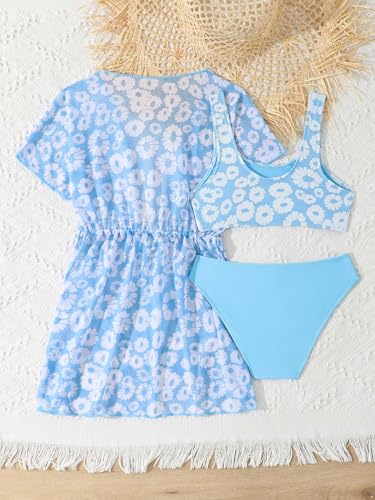 Kids Girls 3-Piece Spaghetti Straps Swim Tops and Bottom Set Bathing Suit Swimsuit with Dress Cover Up4