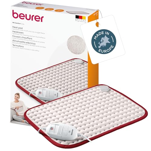 Beurer HK Comfort Almohadilla Eléctrica Térmica, Transpirable, Tacto Suave, Calentamiento Ultrarápido, Apagado Automático 90 Minutos, 3 Potencias, Display Iluminado, 40X33 Cm, Blanca Borde Rojo