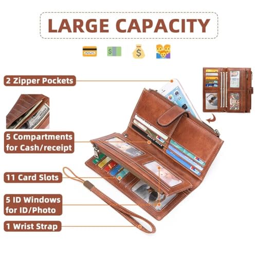Women's Wallet and Card Holder RFID Blocking Tri-Fold Wristlet Wallet Vegan Leather Multi Card Case with ID Windows, Brown, One Size4