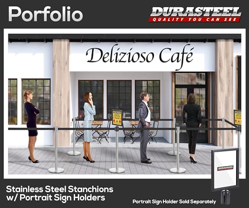 Image of DuraSteel Crowd Control Barriers Line Dividers - Silver Stanchion Stainless Steel Posts with 6.5ft Black Retractable Belt Ropes - for Store Queues, Airport Lines, Event Entries - 2 Set /Pack