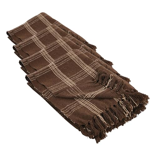 Image of Creative Co-Op Recycled Cotton Blend Throw Blanket with Fringe, Brown Plaid One Size (Pack of 4)