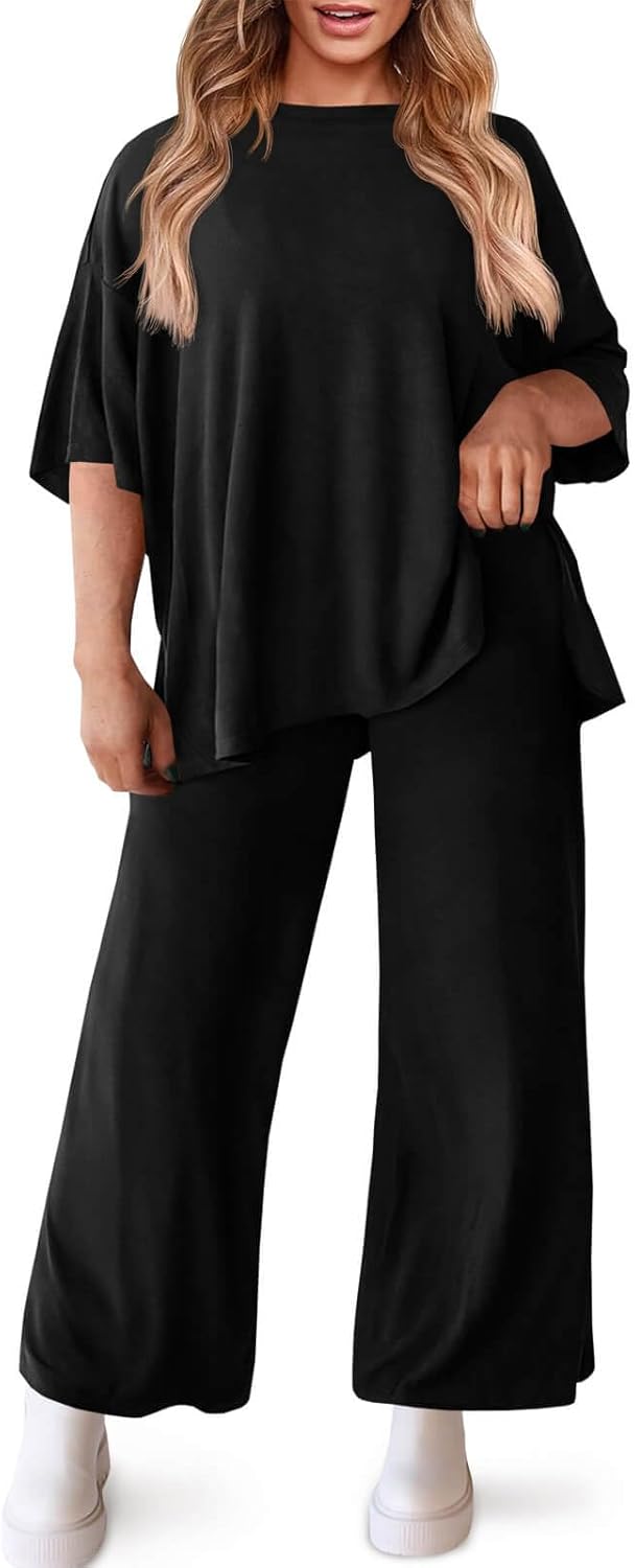 Beautife Womens Plus Size Lounge Sets Short Sleeve Tops Wide Leg Pants 2 Piece Outfits Tracksuit with Pockets