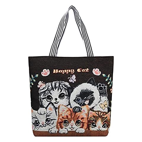 Floette Women Canvas Cat Tote Bag Cat Print Bag Cat Graphic Shoulder Bag Hobo Crossbody Handbag Casual(A05) Cover
