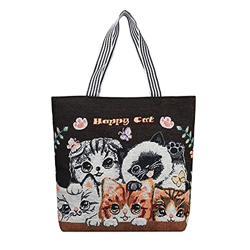 Floette Women Canvas Cat Tote Bag - Cat Print Shoulder Bag Hobo Crossbody Handbag Casual(A05)