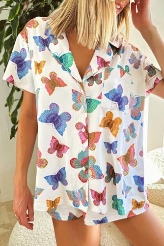 Whimsical Two-Piece Sleepwear: Multicolour Butterfly Print for Summer Nights3